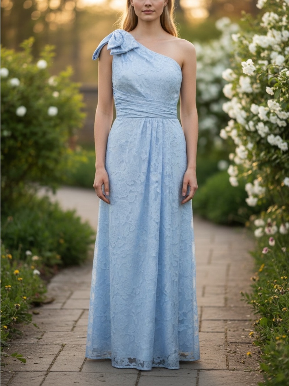 One-Shoulder Light Blue Floral Evening Dress